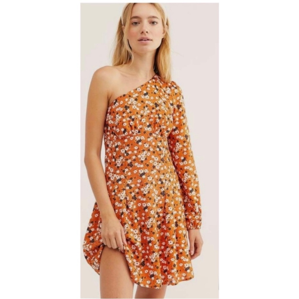 Free People Jules dress orange navy floral mini one shoulder pleating peasant